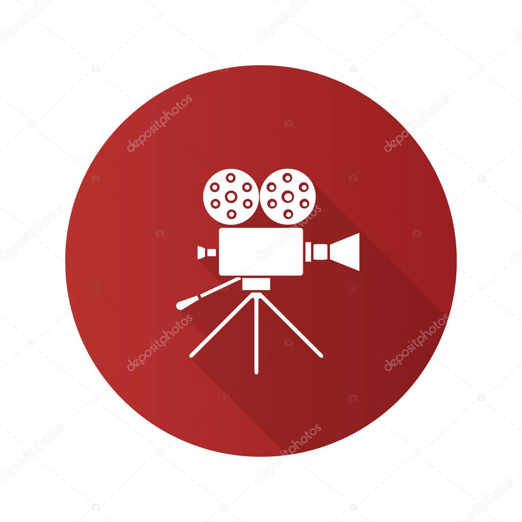 Movie camera flat design long shadow glyph icon. Cine camera. Vector silhouette illustration