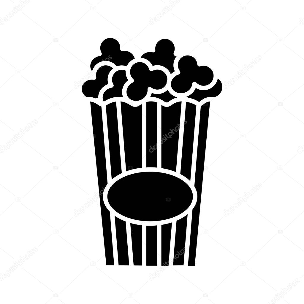 Paper glass with popcorn glyph icon. Pop corn. Silhouette symbol. Negative space. Vector isolated illustration