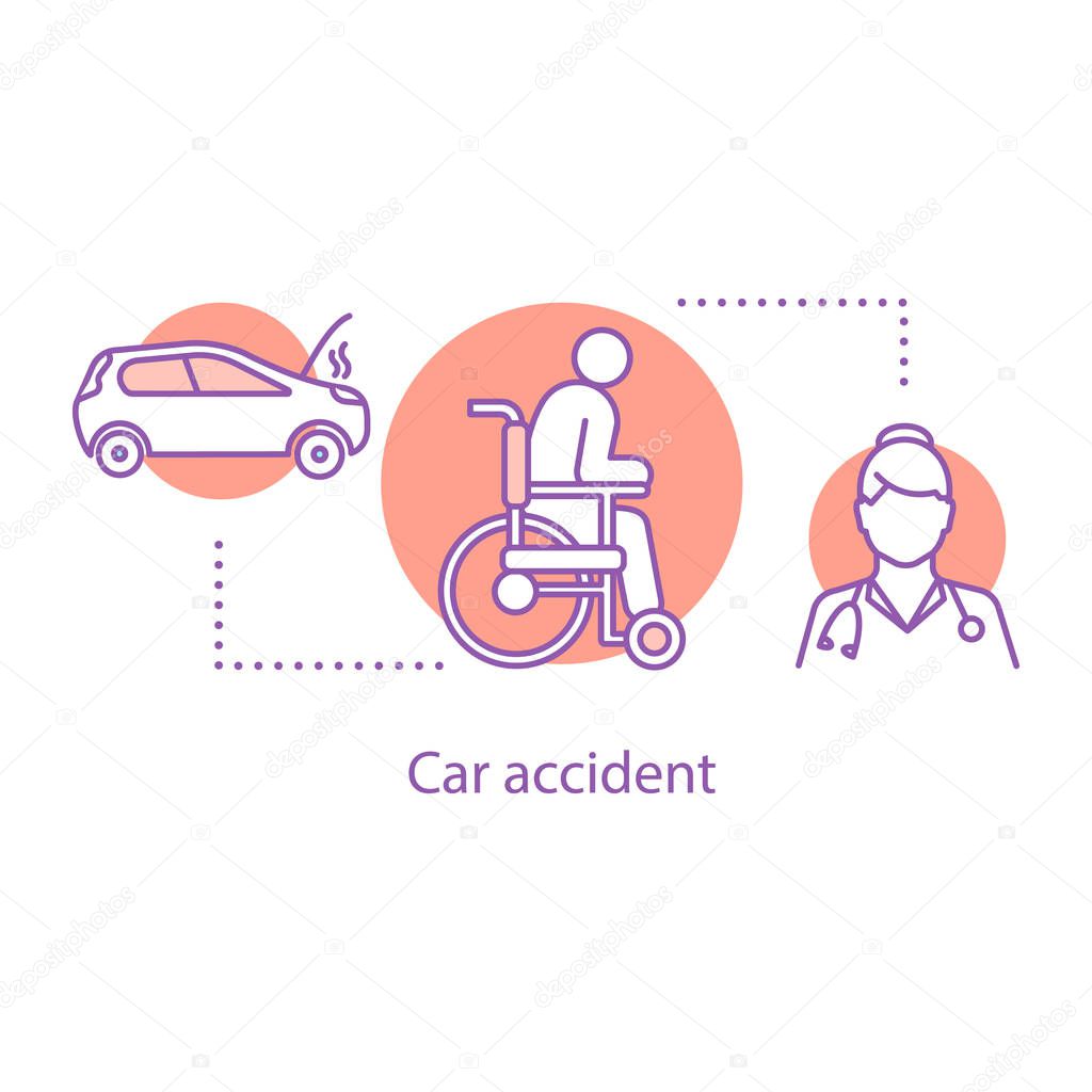 Car accident injury concept icon. Health insurance idea thin line illustration. Car crash compilation. Vector isolated outline drawing