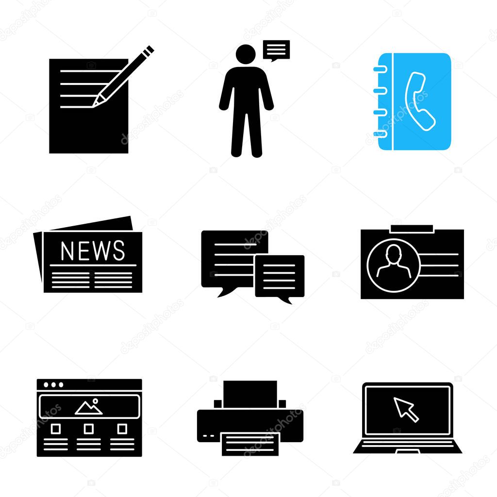 Information Center Glyph Icons Set Notepad Announcement Phone Book News Chat Id Card Web Page Printer Laptop Silhouette Symbols Vector Isolated Illustration Premium Vector In Adobe Illustrator Ai Ai