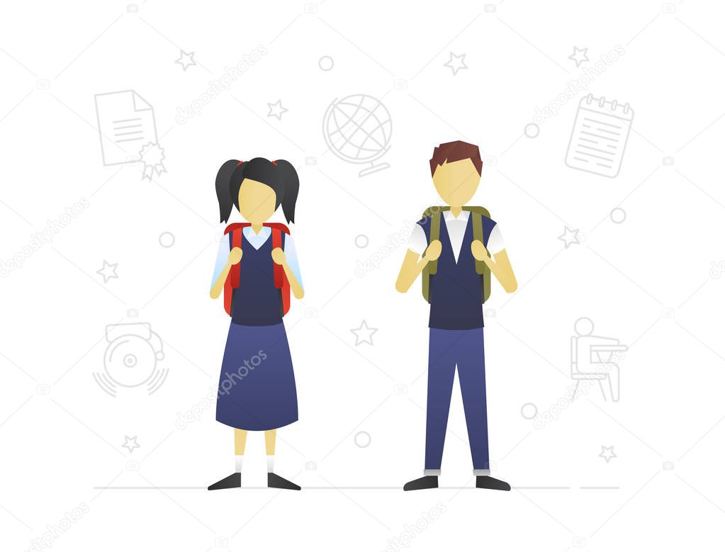 Schoolchildren flat character design. Brother and sister. Teenagers. Grade schoolers with backpacks. Vector isolated illustration