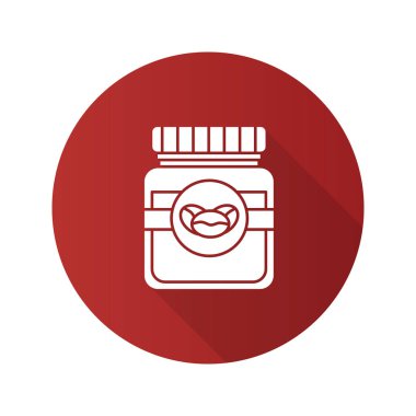 Kahve cam kavanoz kapağı düz tasarım uzun gölge glif simgesi ile. Vektör siluet çizimi
