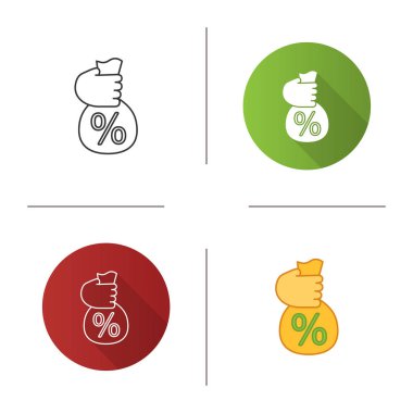 El çantası yüzde simgesi ile tutarak. Tasarım, doğrusal düz ve stilleri renk. Teklif iskonto. Satış yüzdesi. İzole vektör çizimler