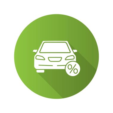 Otomatik kredi düz tasarım uzun gölge glif simgesi. Araba satın alma indirim. Otomobil yüzde işareti ile. Vektör siluet çizimi