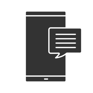 Smartphone ile konuşma balonu glif simgesinin. SMS, bildirim, mesaj. Online sohbet. Forum. Siluet simge. Negatif alan. İzole vektör çizim