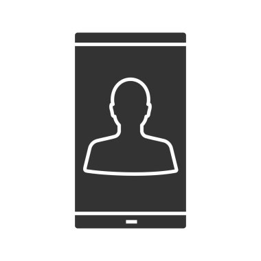 Smartphone Kullanıcı glif simgesi. Görüntülü görüşme. Profil avatar. Siluet simge. Negatif alan. İzole vektör çizim