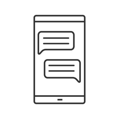 Smartphone ile konuşma kabarcıklar doğrusal simgesi. İnce hat illüstrasyon. SMS, bildirim, mesaj. Online sohbet. Forum. Kontur sembolü. Çizim vektör izole anahat