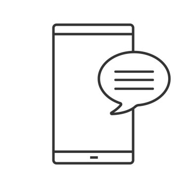 Smartphone ile konuşma balonu doğrusal simgesinin. İnce hat illüstrasyon. SMS, bildirim, mesaj. Online sohbet. Forum. Kontur sembolü. Çizim vektör izole anahat