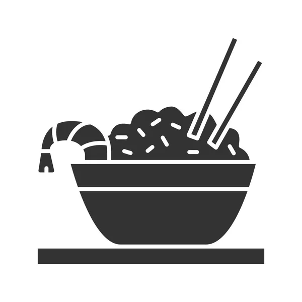 米饭与虾字形图标 中国炒饭在碗和筷子 剪影符号 负空间 矢量隔离插图 — 图库矢量图片