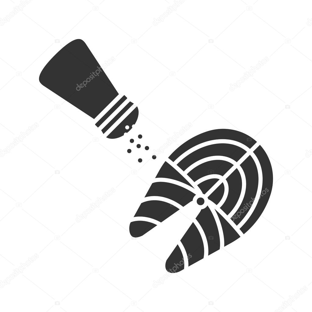 Salting fish steak glyph icon. Pepper or salt shaker with salmon fish. Silhouette symbol. Negative space. Vector isolated illustration
