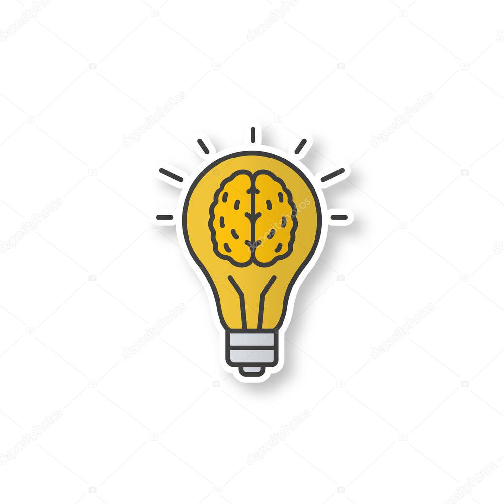 Good idea patch. Human brain inside light bulb. Color sticker. Vector isolated illustration