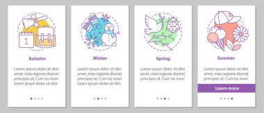 Doğrusal kavramları ile dört mevsim onboarding mobil uygulaması sayfa ekran. Kış, sonbahar, İlkbahar, yaz adımları grafik yönergeleri. UX, UI, GUI vektör şablon resimler