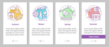 Doğrusal kavramları ile dört mevsim onboarding mobil uygulaması sayfa ekran. Kış, sonbahar, İlkbahar, yaz adımları grafik yönergeleri. UX, UI, GUI vektör şablon resimler