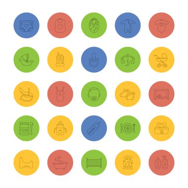 Çocuk Bakımı doğrusal Icons set. Ekipman, giyim, arabalar, oto koltuğu, beslenme bebekler için. İnce çizgi Seviyelendirme simgelerini renkli arka plan üzerinde. Vektör çizimler