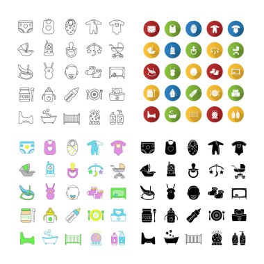 Çocuk Bakımı Icons set. Ekipman, giyim, arabalar, oto koltuğu, beslenme bebekler için. Doğrusal, düz tasarım, renk ve simge stilleri. izole vektör çizimler