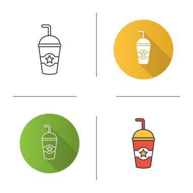 Sinema soğuk içecek simgesi. Tek kullanımlık kağıt veya plastik kap yıldız ile. Tasarım, doğrusal düz ve stilleri renk. İzole vektör çizimler
