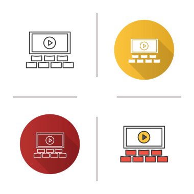 Sinema salonu simgesi. Sinema salonu. Tasarım, doğrusal düz ve stilleri renk. İzole vektör çizimler