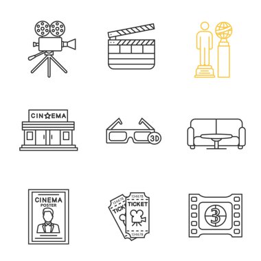 Sinema doğrusal Icons set. Film kamera, klaket, Ödülleri, sinema Binası, 3d gözlük, film karesi, biletleri, poster, tablo ve kanepe. İnce çizgi kontur sembolleri. İzole vektör anahat çizimler