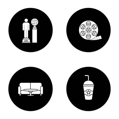 Sinema glif simgeler kümesi. Film Ödülleri, film şeridi rulo, bekleme salonu, soğuk içecek. Vektör beyaz siyah daireler resimlerde siluetleri