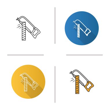 Demir testeresi simgesi. El ahşap tahta kesme gördüm. Tasarım, doğrusal düz ve stilleri renk. İzole vektör çizimler