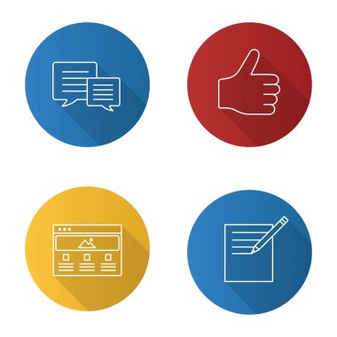 Bilgi Merkezi düz doğrusal uzun gölge simgeler kümesi. Not sohbet, almak, başparmak yukarıya, web sayfası. Vektör anahat çizim