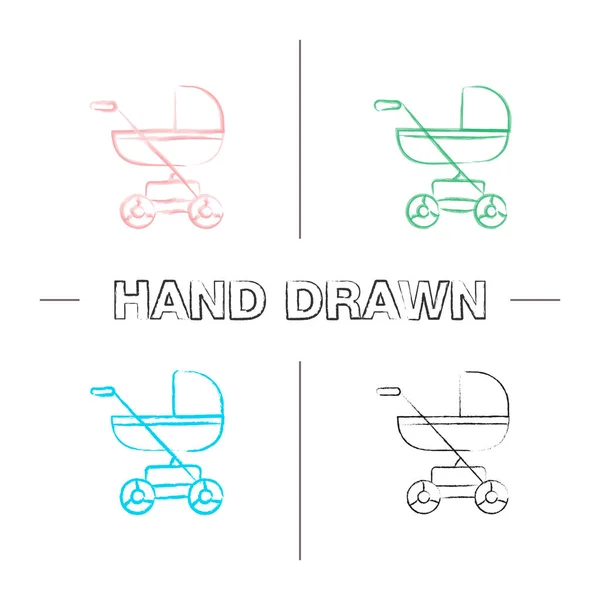 Baby carriage hand drawn icons set. Pram, stroller. Color brush stroke. Isolated vector sketchy illustrations