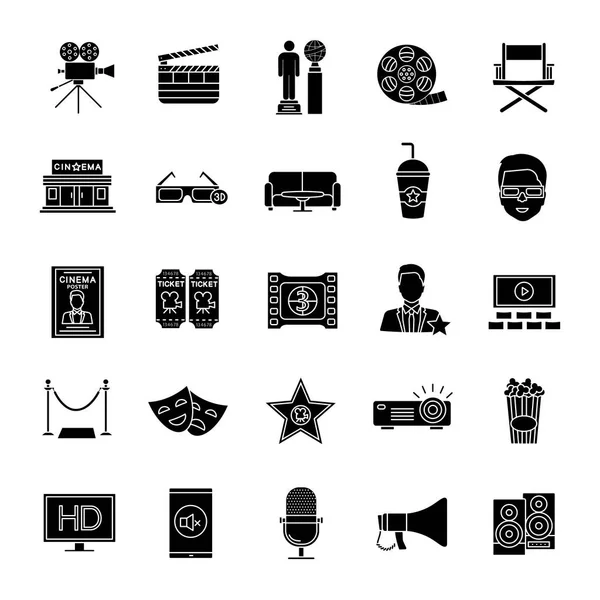 Cinéma Icônes Glyphe Ensemble Cinéma Équipement Service Récompenses Symboles Silhouette — Image vectorielle