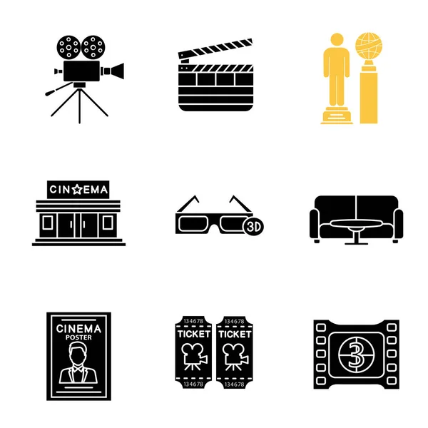 Cinéma Icônes Glyphe Ensemble Caméra Cinéma Tableau Clins Récompenses Bâtiment — Image vectorielle