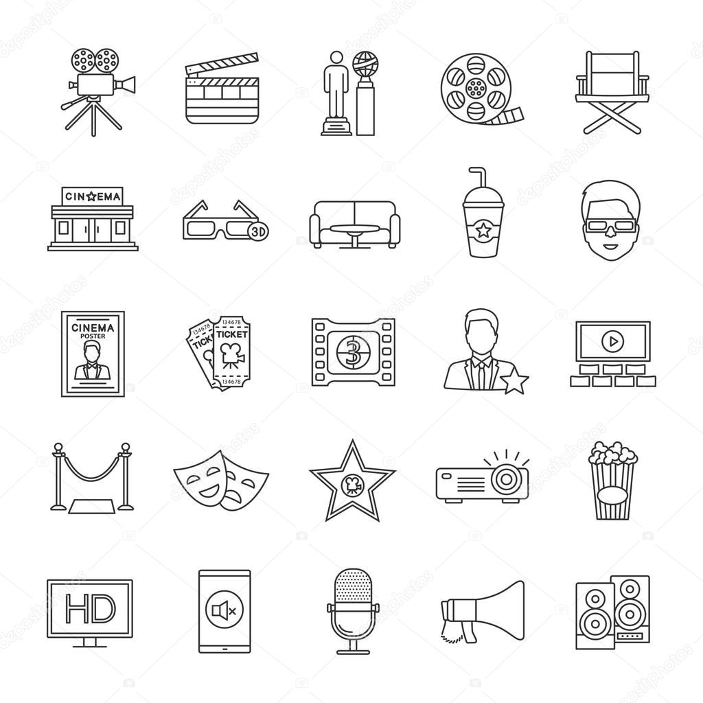 Cinema linear icons set. Equipment, service, awards. Thin line contour symbols. Isolated vector outline illustrations