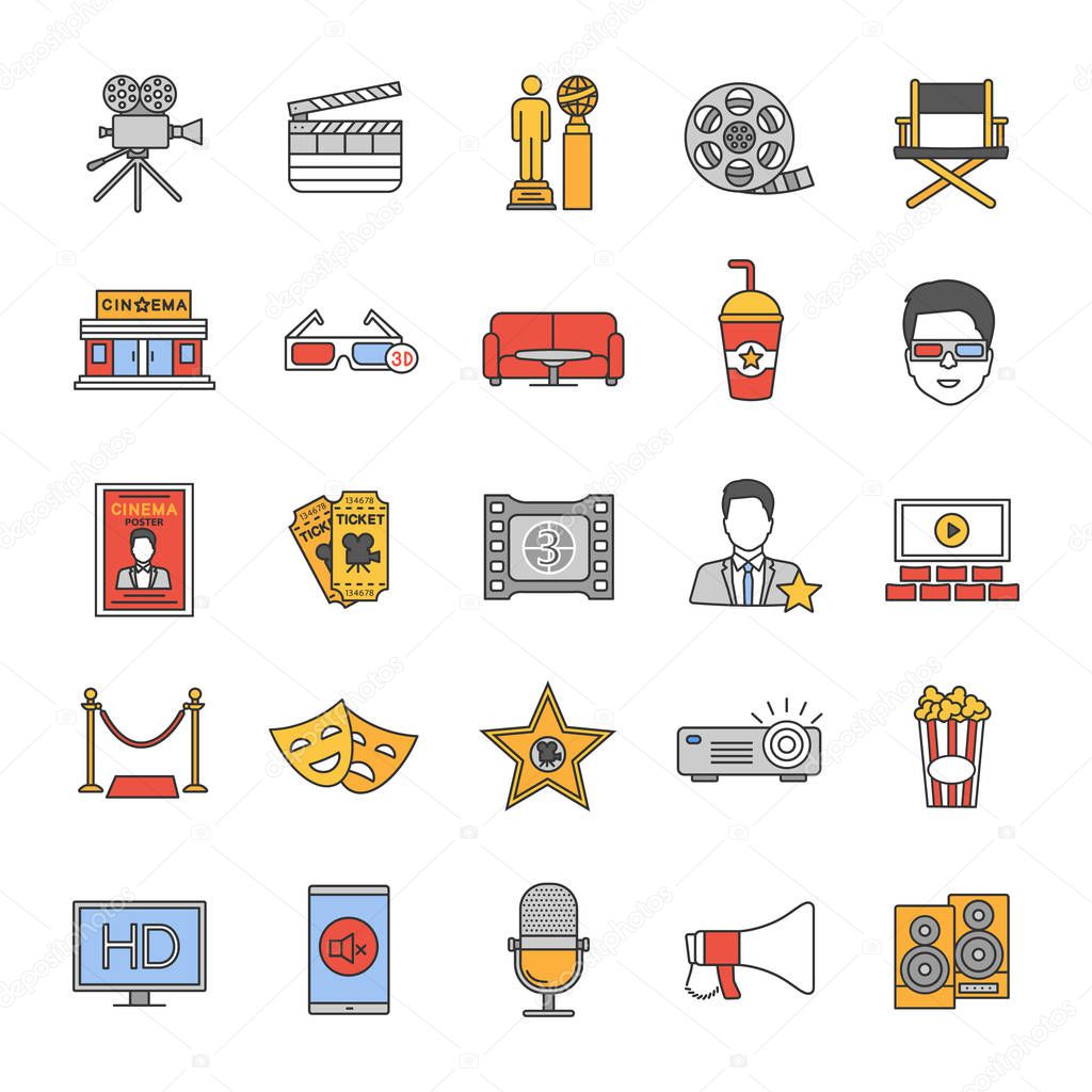 Cinema color icons set. Movie theater. Equipment, service, awards. Isolated vector illustrations