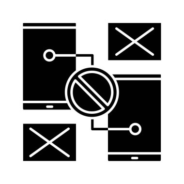 Yasak işareti karakter simgesi ile akıllı telefonlar. Siluet simge. Sinyal ya da bağlantı yok. Senkronizasyon ile ilgili problem. Negatif alan. İzole vektör çizim