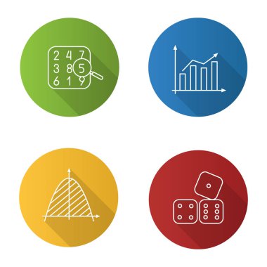Matematik düz doğrusal uzun gölge simgeler kümesi. Numara teorisi, istatistik, koordinat sistemi, dices. Vektör anahat çizim