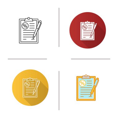 Kredi anlaşması simgesi. İpotek belgesi. Yüzde ile kağıt levha. Tasarım, doğrusal düz ve stilleri renk. İzole vektör çizimler