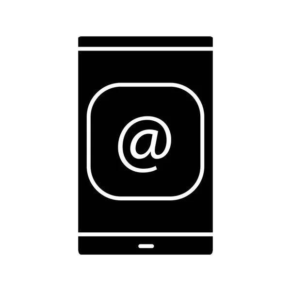 智能手机屏幕与 Arroba 标志字形图标 剪影符号 邮件应用程序 电子邮件地址 负空间 矢量隔离插图 — 图库矢量图片