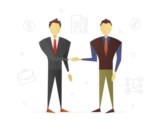 Σχεδιάστε Δύο Επιχειρηματιών Κάνει Διαπραγμάτευση Επίπεδη Χαρακτήρα Επιχειρηματική Συνεργασία Δουλειά — Διανυσματικό Αρχείο