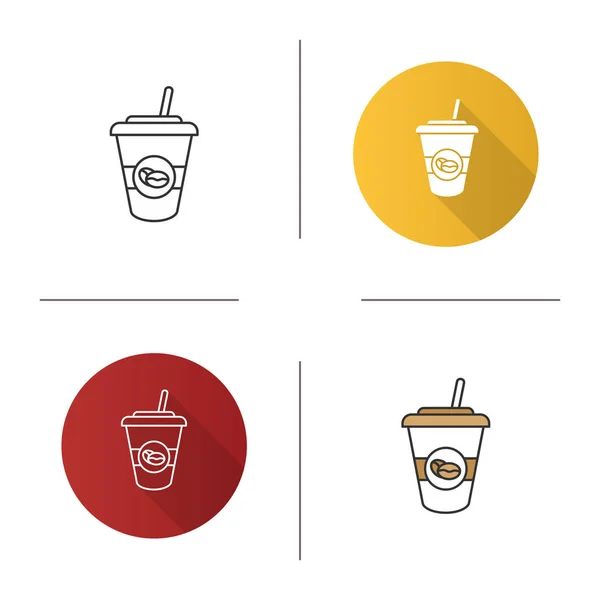 冰咖啡饮料图标 一次性咖啡杯配稻草 平面设计 线形和颜色样式 孤立向量插图 — 图库矢量图片