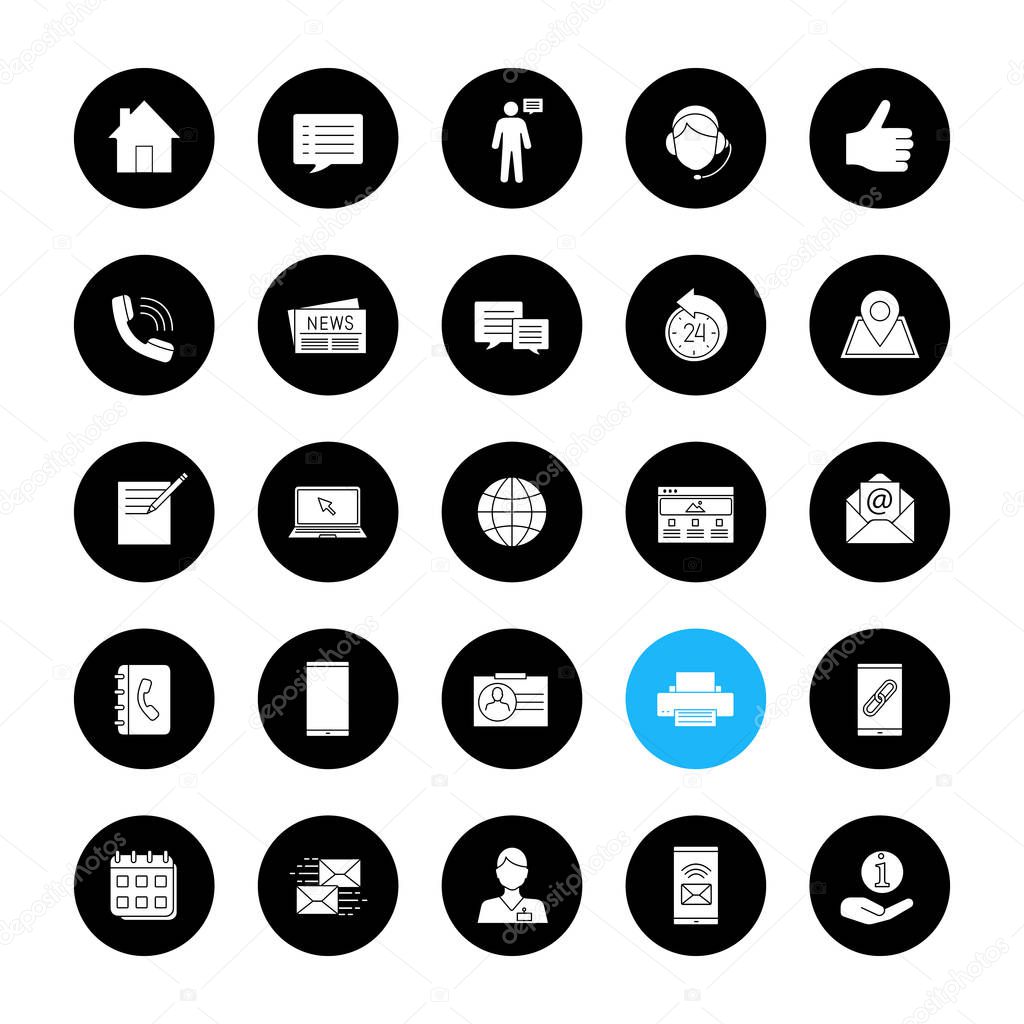 Information center glyph icons set. Office supplies, communication devices, support service. Vector white silhouettes illustrations in black circles