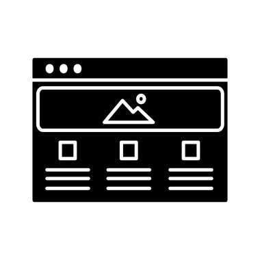 Web sayfası şablonu glif simgesi. Web sitesi. Web tasarım ve geliştirme. Siluet simge. Negatif alan. İzole vektör çizim