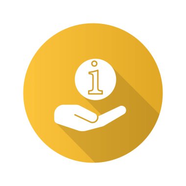 Bilgi işareti düz tasarım uzun gölge glif simgesi tutan el. Yardım Masası. Bilgi merkezi. Destek. Vektör siluet çizimi