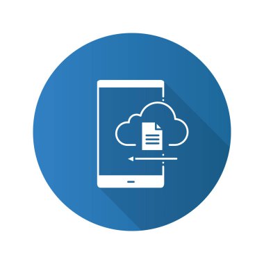 Smartphone bulut depolama düz tasarım uzun gölge glif simgesi. Dosya indiriliyor. Cep bulut hesaplama. Vektör siluet çizimi