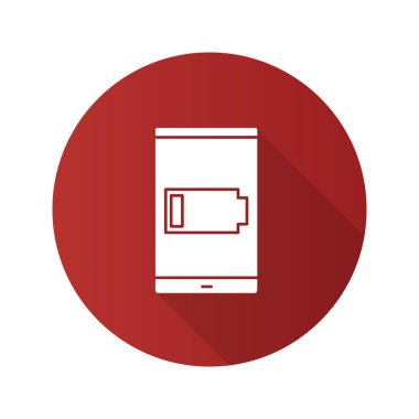 Smartphone düşük pil düz tasarım uzun gölge glif simgesi. Ordudan terhis edilen cep telefonu. Vektör siluet çizimi