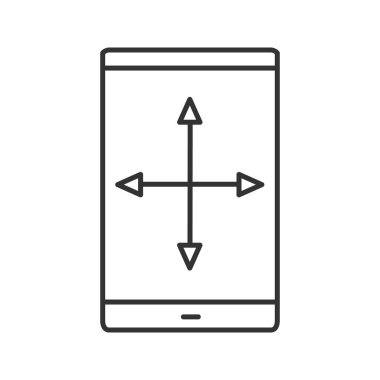 Smartphone yeniden boyutlandırma doğrusal simge göster. İnce hat illüstrasyon. Sürükleme hareketini oku. Kontur sembolü. Ekran boyutu. Çizim vektör izole anahat