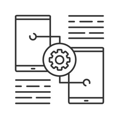 Akıllı telefon ayarları doğrusal simgesi. İnce hat illüstrasyon. Dişli ile telefonları. Kontur sembolü. Çizim vektör izole anahat