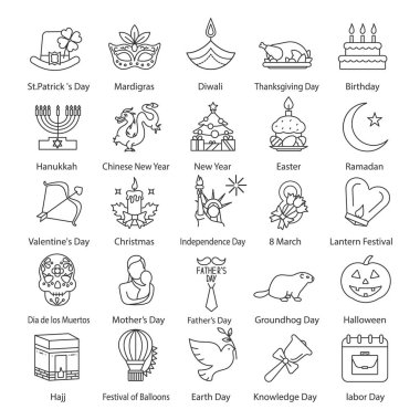 Tatil doğrusal Icons set. Farklı ülkelerin mevsimlik tatil. Tebrik kartı fikirler. İnce çizgi kontur sembolleri. İzole vektör anahat çizimler