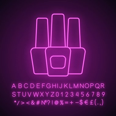 Tırnak cilası şişe neon ışığı simgesi. Alfabe, sayı ve sembol parlayan işaretiyle. İzole vektör çizim
