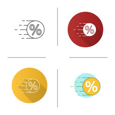 Madeni para yüzde simgesi ile uçan. Satılık. Teklif iskonto. Tasarım, doğrusal düz ve stilleri renk. İzole vektör çizimler