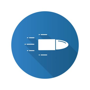 Uçan mermi düz tasarım uzun gölge glif simgesi. Hız. Silah vurdu. Vektör siluet çizimi