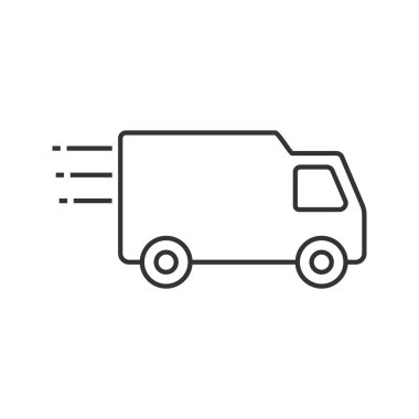 Teslimat van doğrusal simgesi. İnce hat illüstrasyon. Hızlı kargo. Yük taşıma. Kontur sembolü. Çizim vektör izole anahat