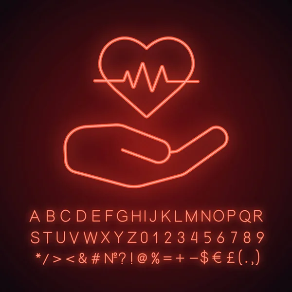 心のケア ネオンライト アイコン ハートビートのカーブを持つ人間の手 アルファベット 記号で光るサインは 分離したベクトル図 — ストックベクタ