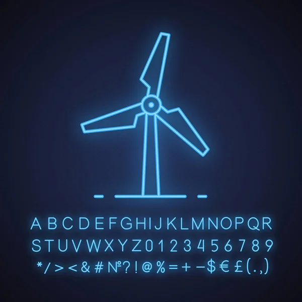 Wiatrak Neon Light Ikona Eko Energia Wiatrowa Świecące Znak Alfabetu — Wektor stockowy